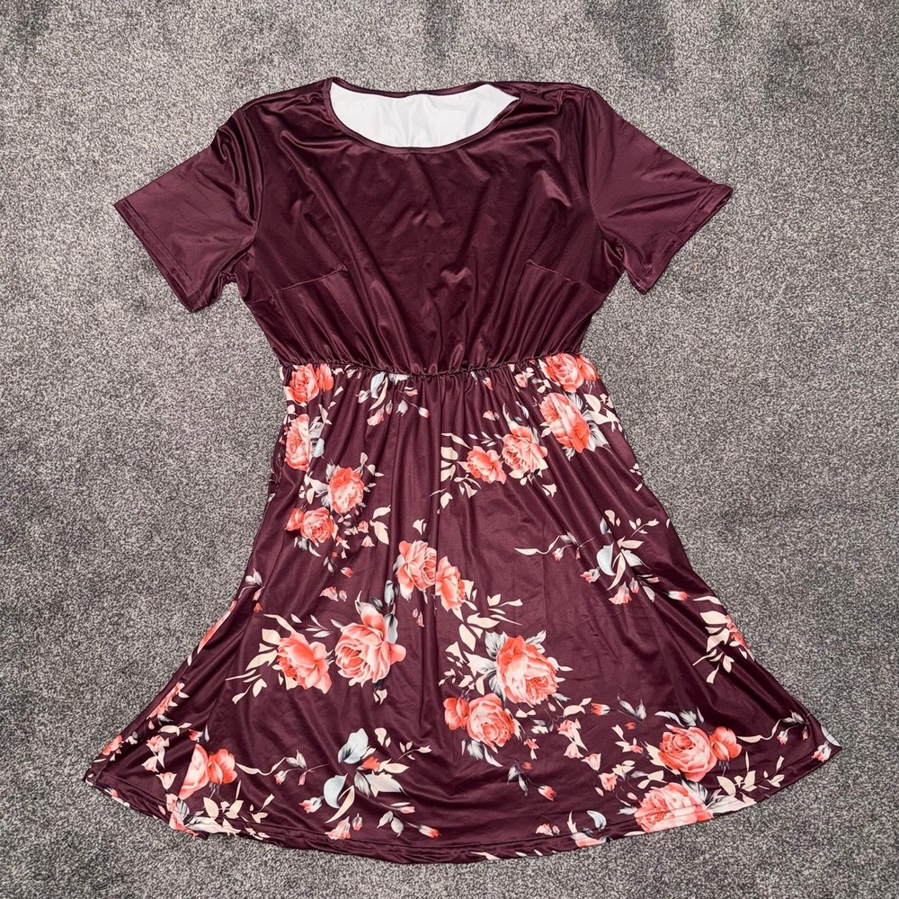 Women's Burgundy Short Sleeve Floral Dress w/ Pockets - Size 3XL